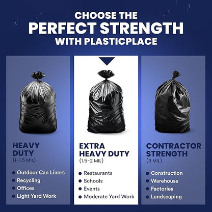 Plasticplace 55-60 Gallon Trash Bags │ 1.5 Mil │ Black Heavy Duty Garbage Can