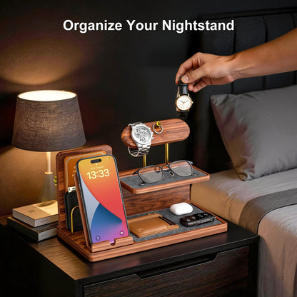 UPERGO Fathers Day Gift for Dad, Wooden Nightstand Organizer Stand, Valet Tray EDC Caddy for Men, Desktop & Tabletop Home Decor – Phone Wallet Keys Watch Holder with Elegant Gift Box