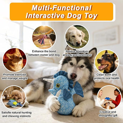 11.42" Recycled Canvas Seahorse Squeaky Dog Toy, Durable Stuffed Chew Toy for Puppy Teething, Interactive Play for Small Medium Large Dogs