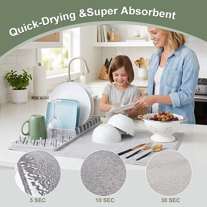 2-in-1 in Sink Dish Drying Rack with Dish Drying Mat,Space-Saving Dish Rack for Kitchen Counter,Foldable Dish Drying Mat with Rack,Quick Dry Dish Drainers for Kitchen Sink (Grey White)