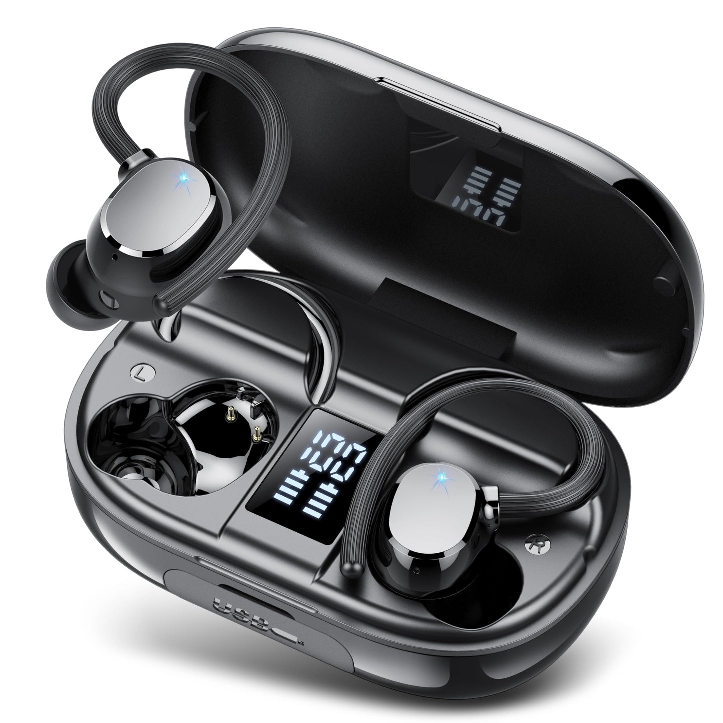 Ear Buds Wireless Bluetooth Earbuds Sport 2026 New Bluetooth 5.3 Headphones with LED Display 128H Playtime Powerful Bass Over Ear Earphones with Earhooks IP7 Waterproof for Gym/Running/Workout