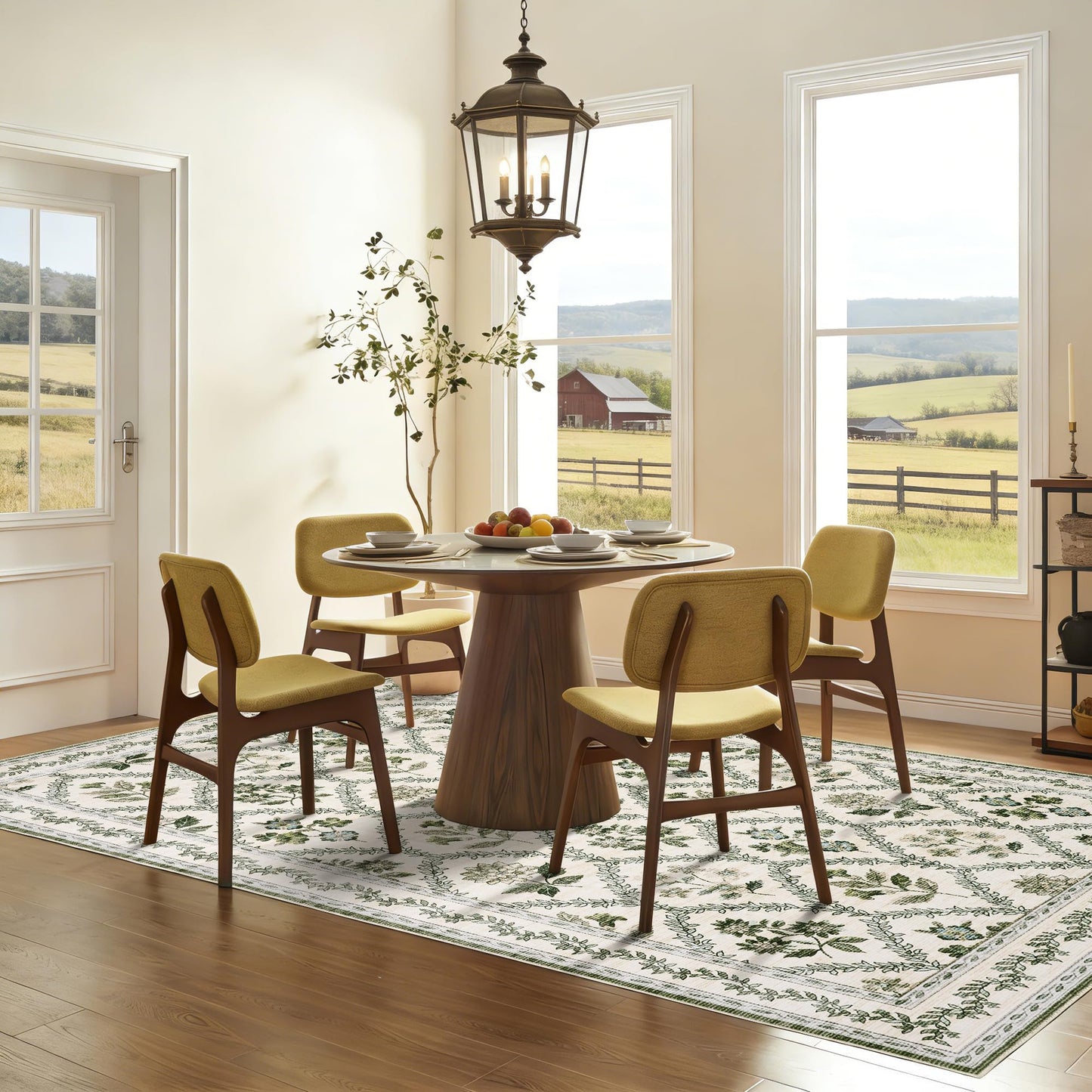 Green Floral Living Room Rug 5x8 Olive Green and Beige Area Rug Washable Bedroom, Low-Pile Soft Dining Room Farmhouse Boho Cottage Aesthetic Vintage Floor Covering Print Playroom Carpet