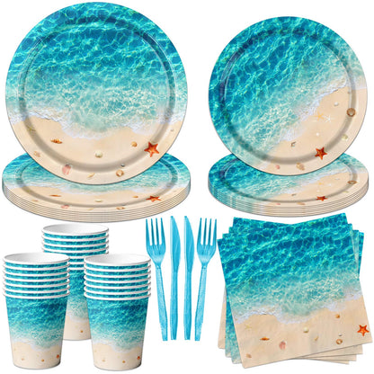 Beach Party Supplies, 144Pcs Ocean Waves Birthday Party Supplies Tableware Set Summer Pool party Decorations Ocean Plates and Napkins and Cups for Hawaiian Birthday Decorations