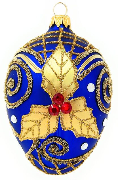 Polish Gallery Fabergé Egg 5-inch Blown Glass Christmas Tree Ornament Navy Blue with Gold Embellishments Mistletoe Leaves (Sapphire Matte)