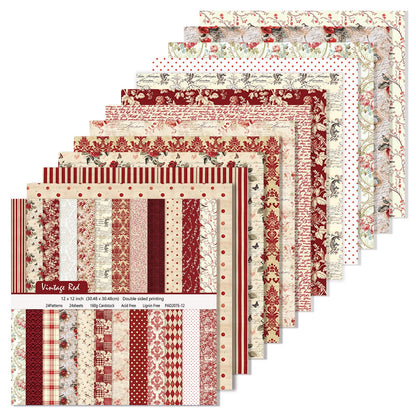 24 Sheets/24 Designs Scrapbook Paper Double Sided Boho Floral decorative craft Pattern Paper for DIY Cards, Junk Journaling, Scrapbooking Supplies and Photo Album Decor (Red-2076, 12x12 Inch)