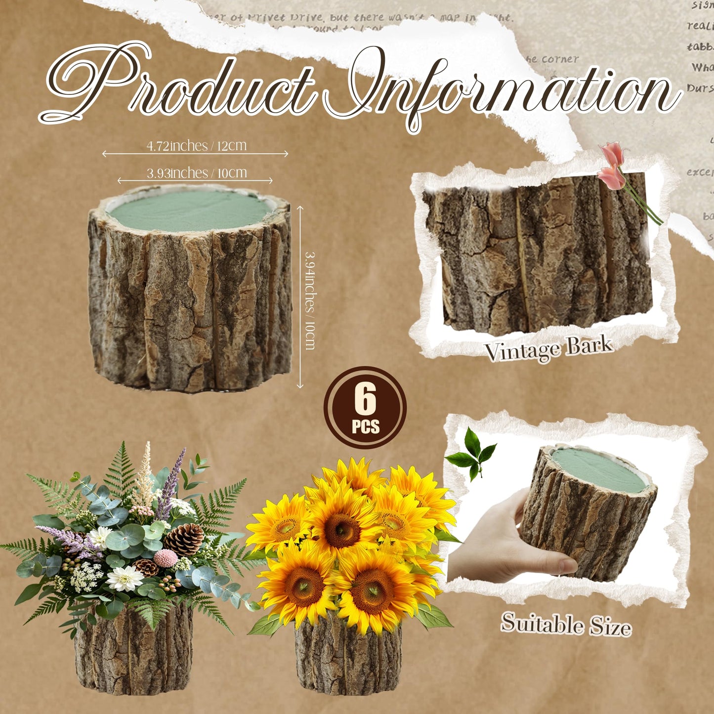 6 Set 4.72in Wooden Vases for Centerpieces, Wedding Flower Table Wood Vase Rustic Tree Stump Planter Pots with Foam Blocks for Woodland Party Home Farmhouse Table Decor (6 Set with Flower Foam)
