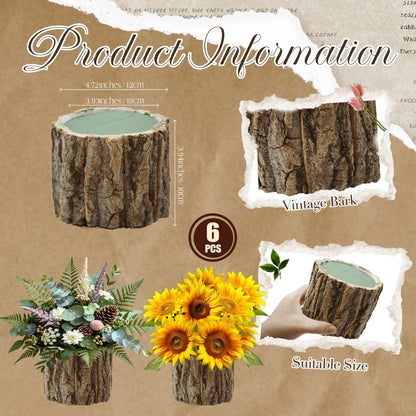 6 Set 4.72in Wooden Vases for Centerpieces, Wedding Flower Table Wood Vase Rustic Tree Stump Planter Pots with Foam Blocks for Woodland Party Home Farmhouse Table Decor (6 Set with Flower Foam)