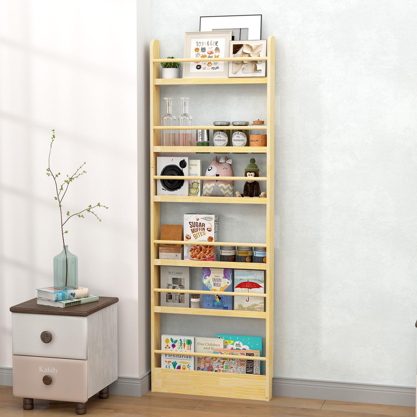 petour 6 Tier Behind The Door Bookshelf, Space Saving Behind The Door Bookcase Wooden Kids Wall Bookcase for Bedroom Living Room Playroom (Wood)