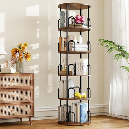 5 Tier Rotating Bookshelf, Corner Wooden, Metal Skinny Bookshelf for Toy Lego Dispaly Book Shelf Room Storage Organizer Furniture Black Tall Bookcase for Bedroom Living Room Office Kitchen Shelf