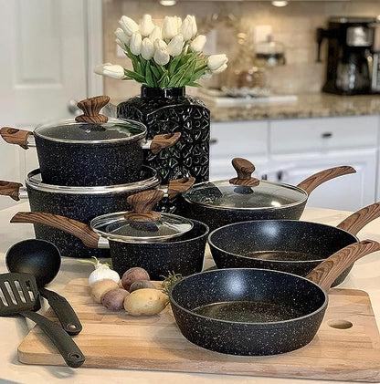 Kitchen Academy Induction Cookware Sets - 12 Piece Pots and Pans Set Non Stick, Black Granite Nonstick Cooking Pan Set(PFOS, PFOA Free)
