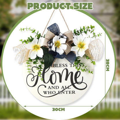 Kathfly Bless This Home and All Who Enter Wooden Front Door Sign Welcome Sign for Front Door Magnolia Summer Wreath 12 Inch Christian Home Decor Jesus Round Rustic Wall Hanging Decor for All Season