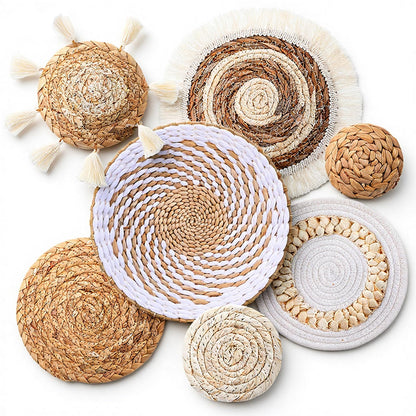 Oqqlin 7 Pcs Boho Wall Basket Decor, Handmade Seagrass Rattan Wicker Wall Decor Flat Round Rustic Woven Hanging Art for Bedroom, Kitchen, Living Room, Office Decorations