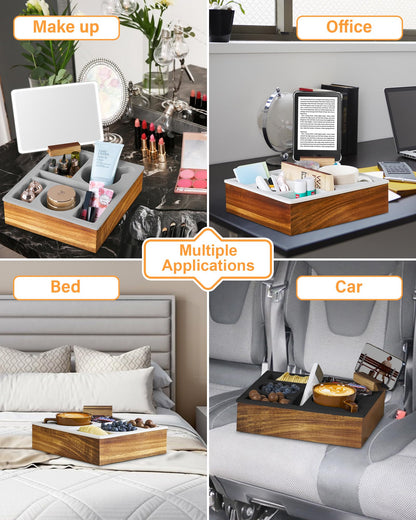 Couch Cup Holder,Hitseon Upgrade Silicone Acacia Wooden Cup Caddy with Cup Holder for Car Back Seat,Couch Console Caddy for Snack Drink Remote Control Grey