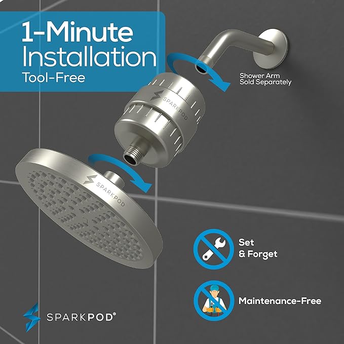 SparkPod 23-Stage Filtered Shower Head, 6" Round, Brushed Nickel | Filtered Shower Head for Hard Water Filter, High Pressure, Reduces Chlorine, Heavy Metals, For Dry Skin & Hair