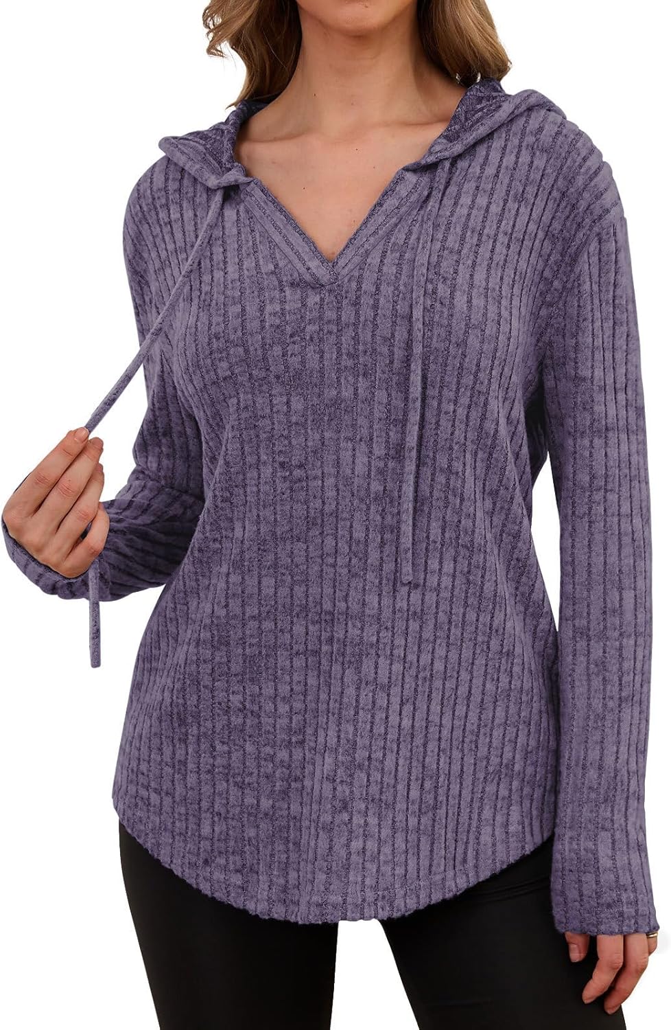 Lylinan Womens Cozy Knit Sweaters Hoodies Ribbed V Neck Pullover Sweatshirts for Fall Outfits S-XXL