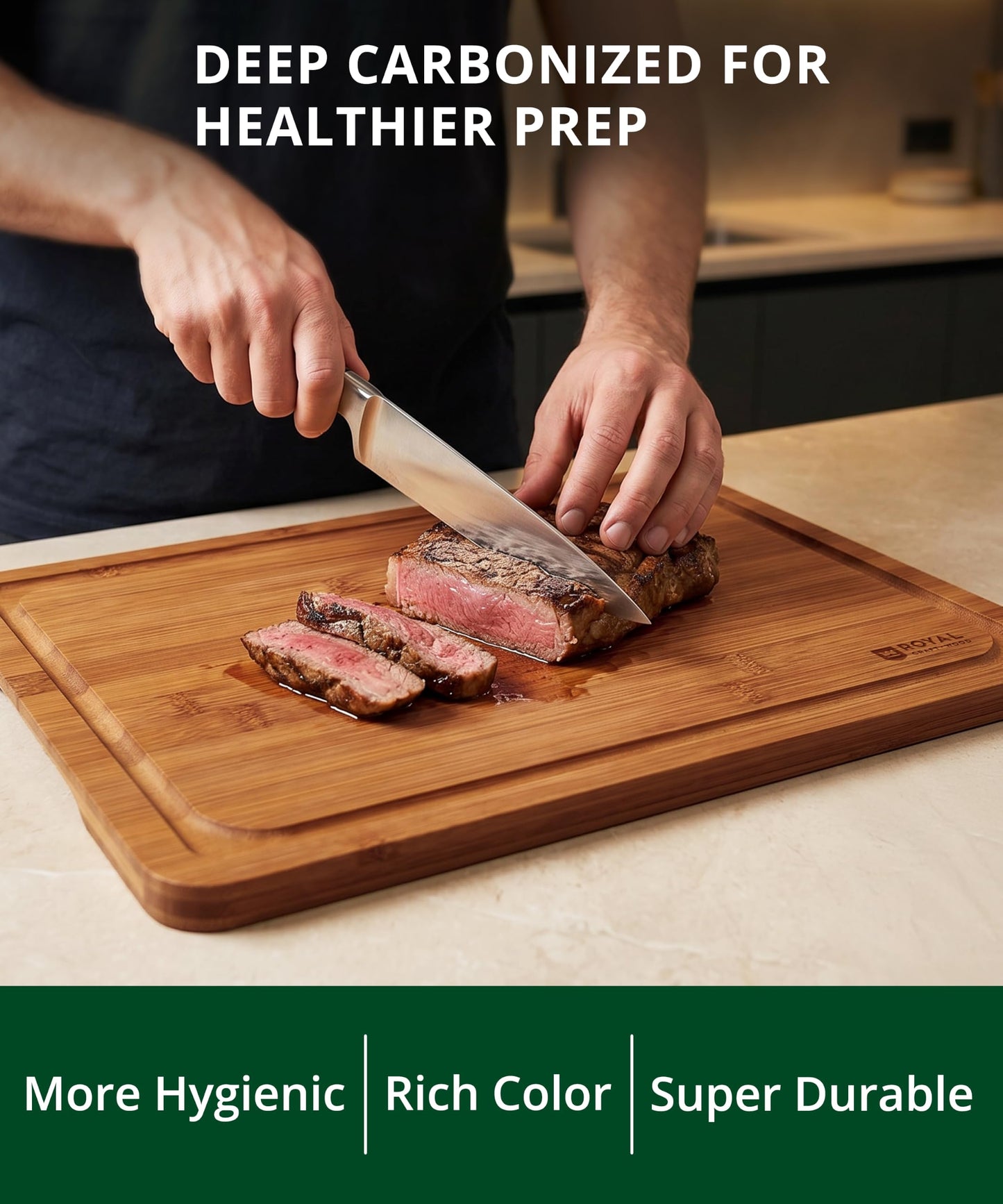 ROYAL CRAFT WOOD Wooden Cutting Boards for Kitchen Meal Prep & Serving - Bamboo Non Toxic Cutting Board Set with Deep Juice Groove Side Handles - Charcuterie & Chopping Butcher Block for Meat (3 Pcs)