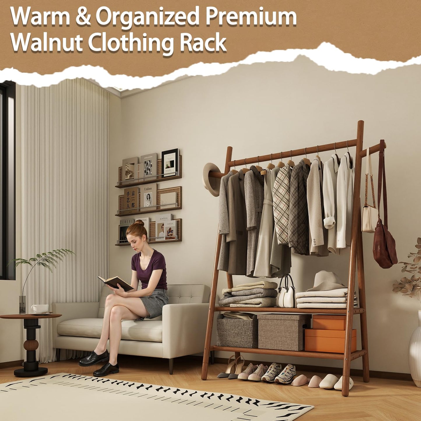 Solid Wood Clothes Rack with 2 Shelves & Hooks, Freestanding Garment Rack & Coat Rack Load 350 Lbs for Hanging Clothes & Organizer, Simple and Practical for Entryway Bedroom Living Room 39.5W