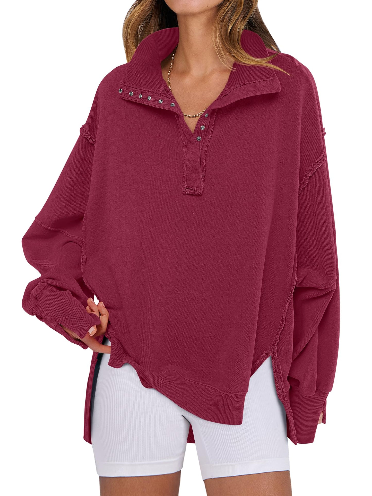 ANRABESS Women's Sweatshirts Oversized Casual Loose Button Up Henley Pullover Top High Low Split 2025 Fall Fashion Outfits