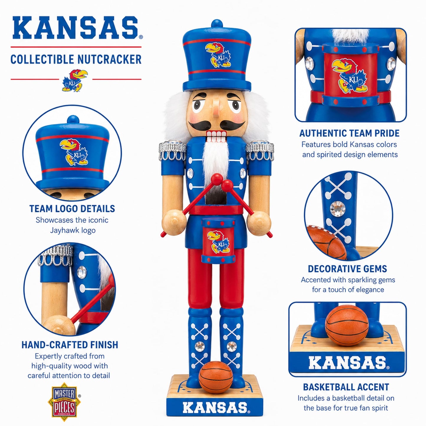 MasterPieces Kansas Jayhawks Nutcracker Figurine - Hand-Crafted Wooden Collectible with Team Colors & Sports Elements