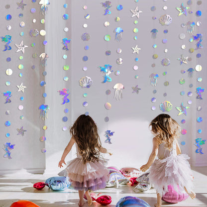 40 Ft Iridescent Mermaid Garland with Jellyfish Seashell Starfish Pearl Holographic Paper Streamer for Little Mermaid Rainbow Theme Birthday Bachelorette Baby Shower Under the Sea Party Decorations