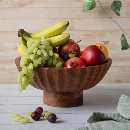 Luxe Designs Wooden Footed Bowl Handcrafted Decorative Fruit Bowl with Elegant Footed Base for Dining, Serving, and Home Décor – Perfect for Fruits, Snacks, and Centerpiece Display (Carved)