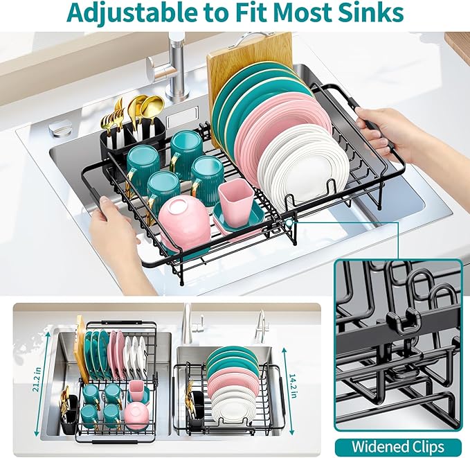 Urackify Expandable Stainless Steel in Sink Dish Drying Rack - Adjustable Dish Rack Over Sink, Rustproof Dish Drainer for Kitchen Counter, Dish Strainer with Utensil Holder, Fit Sink for 13"-18"