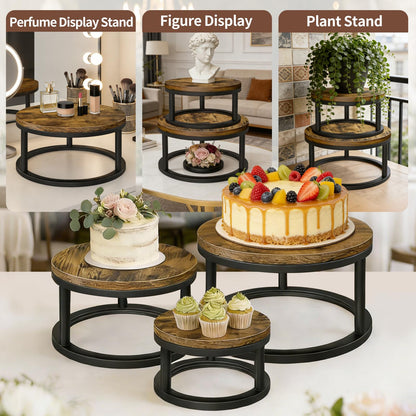 Cake Stand Set, 3 Packs Round Cupcake Stand Cake Pedestal Stand (8"/10"/12" Plate) Industrial Rustic Wood Rustic Dessert Table Display Stand Set Serving Tray for Party, Wedding, Birthday, Baby Shower
