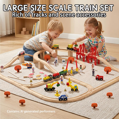 KiToyWod 100 Pcs Wooden Train Track Set, Toy Train with Tracks for Kids Ages 3-10, Compatible with Major Brands, Railway Playset for Boys and Girls Birthday Gift