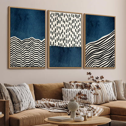 Framed Wall Art Canvas Set Mid Century Boho Picture Modern Abstract Geometric Lines Wall Decor Minimalist Black Indigo Canvas Painting Artwork Living Room Bedroom Home Office 24"x36"x3 Natural