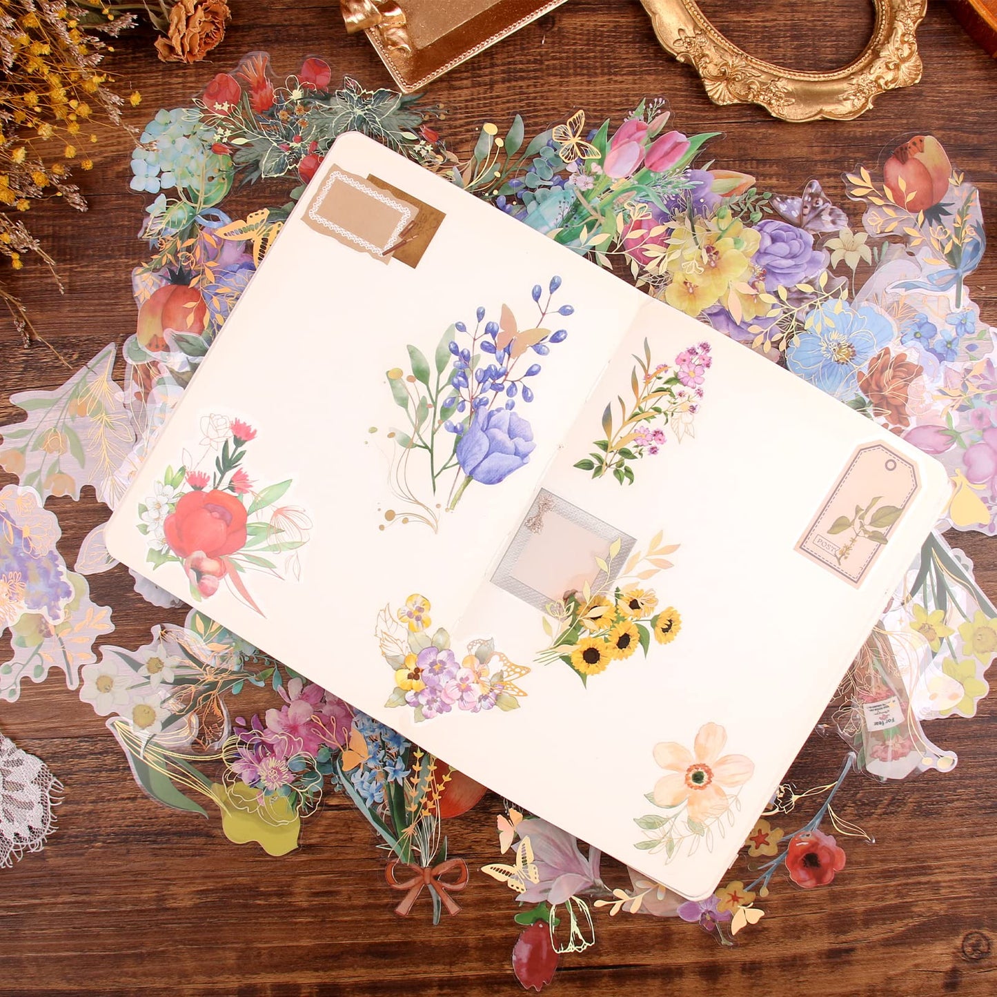 Dizdkizd Gilding Flower Stickers (240 Pieces) - Glitter Watercolor Transparent Stickers for Card Making Scrapbooking Envelopes Wrapped Gifts Arts and Crafts Journaling