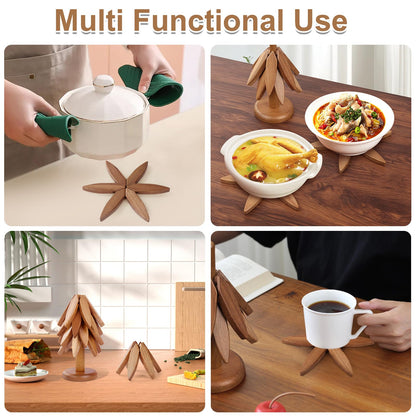 OKOM Wooden Trivets for Hot Dishes - 4+1 PCS Tree Shape Set, Foldable Hot Pot Holders for Kitchen Decor and Use (Beech)