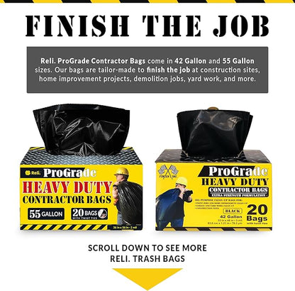 Reli. Contractor Garbage Bags 55 Gallon | 40 Trash Bags | Heavy Duty | Black