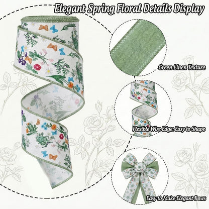 Spring Wired Ribbon 4 Rolls Green Red Floral Fabric Ribbons 1.5 Inch x 24 Yards Set Summer Flower Pattern for Wreaths Bows Making Gift Wrapping DIY Crafts Party Decor