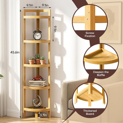 2026 New Bamboo Standing Shelf, 5 Tier Corner Shelf Stand, Free-Standing Shelf Units, Triangular Curved Corner Shelf Stand for Space-Saaving Display Ideal for Bathroom/Kitchen/Living Room Storage