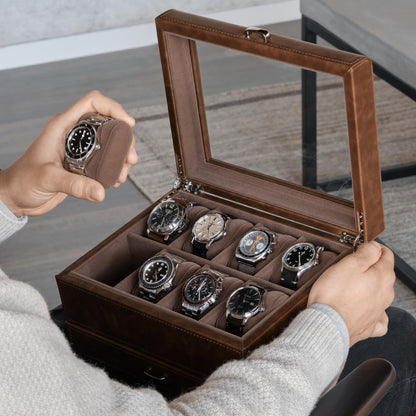 TAWBURY 8 Slot Watch Box with Storage Drawer – Premium Watch Storage Case for Men | 2.2-inch Wide Pillows Hold Small & Ovesized Watches (Brown)