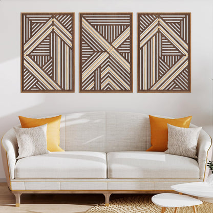 CHDITB Boho Geometric Wood Wall Art(Set of 3, 16"x24"), Large Modern Wooden Panel Hollow Line Art Decor, Rustic Abstract Minimalist Wall Hanging Artwork for Bedroom Living Room Office