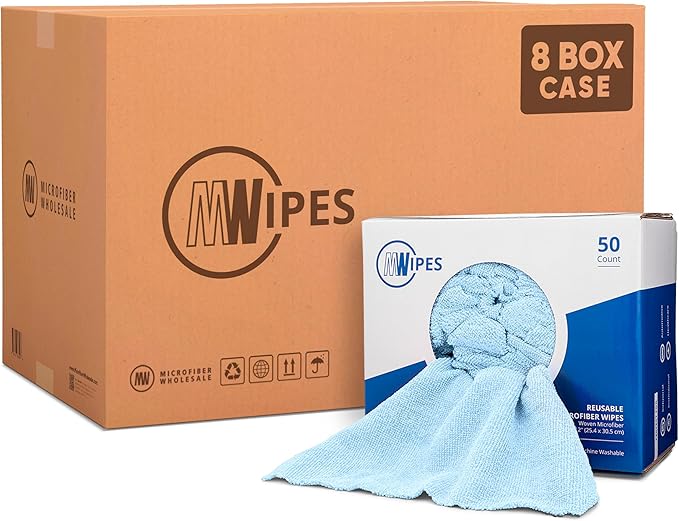 Blue Microfiber Shop Towels | MWipes Reusable Shop Rags | 50 Rags in a Box |