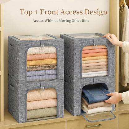GoMaihe Clothes Storage Bin with Metal Frame: 6-Pack Stackable Closet Storage Bin with Lid & Clear Window, Sweater Boxes Storage for Closet Bedding Clothing Storage Organizer 40L