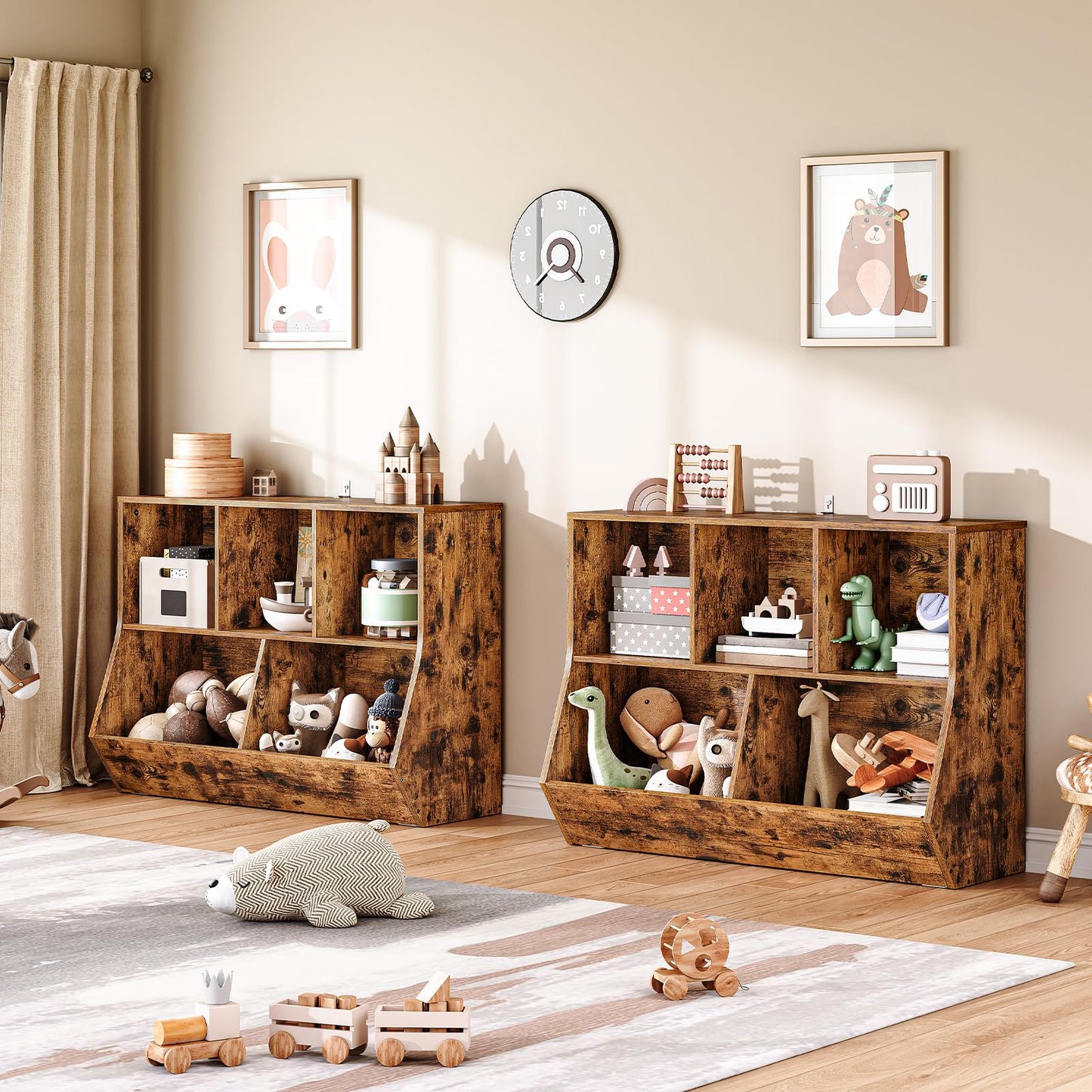 HOOBRO Kids Bookshelf, Bookcase Footboard, Toy Storage Cubby, Children's Toy Shelf, 39.4" L Toy Storage Cabinet, Fit for Children's Room, Playroom, Hallway, Kindergarten, Rustic Brown BF132CW01