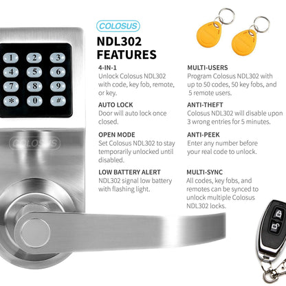 Electronic Smart Door Lock, Keyless Entry with Keypad, Key Fobs, Remote Control, Keys for Home, Office or Commercial, Silver NDL302
