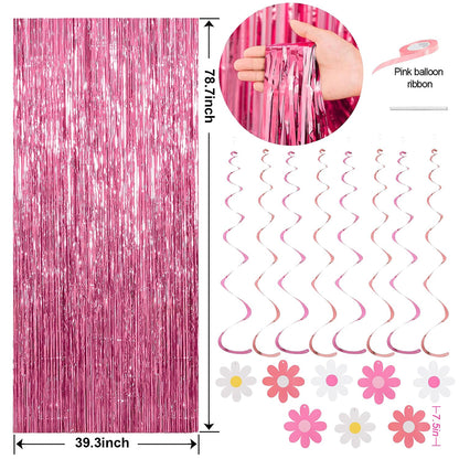 Pink Red Happy Birthday Party Decorations kits for Girls Women with Happy Birthday Banner, Fringe Curtain,Foil Balloons,Tissue Pompoms,Dots Garland,Tassels Garland,Cake Topper for birthday decor(pink)