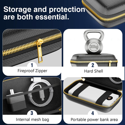 Electronics Travel Organizer with Fireproof Zipper, Hard Case Explosion-Proof Cables Carry Box Compatible with Hard Drive, Fireproof Portable Safe Storage for Power Bank, Phone, Charger, Cord, Black