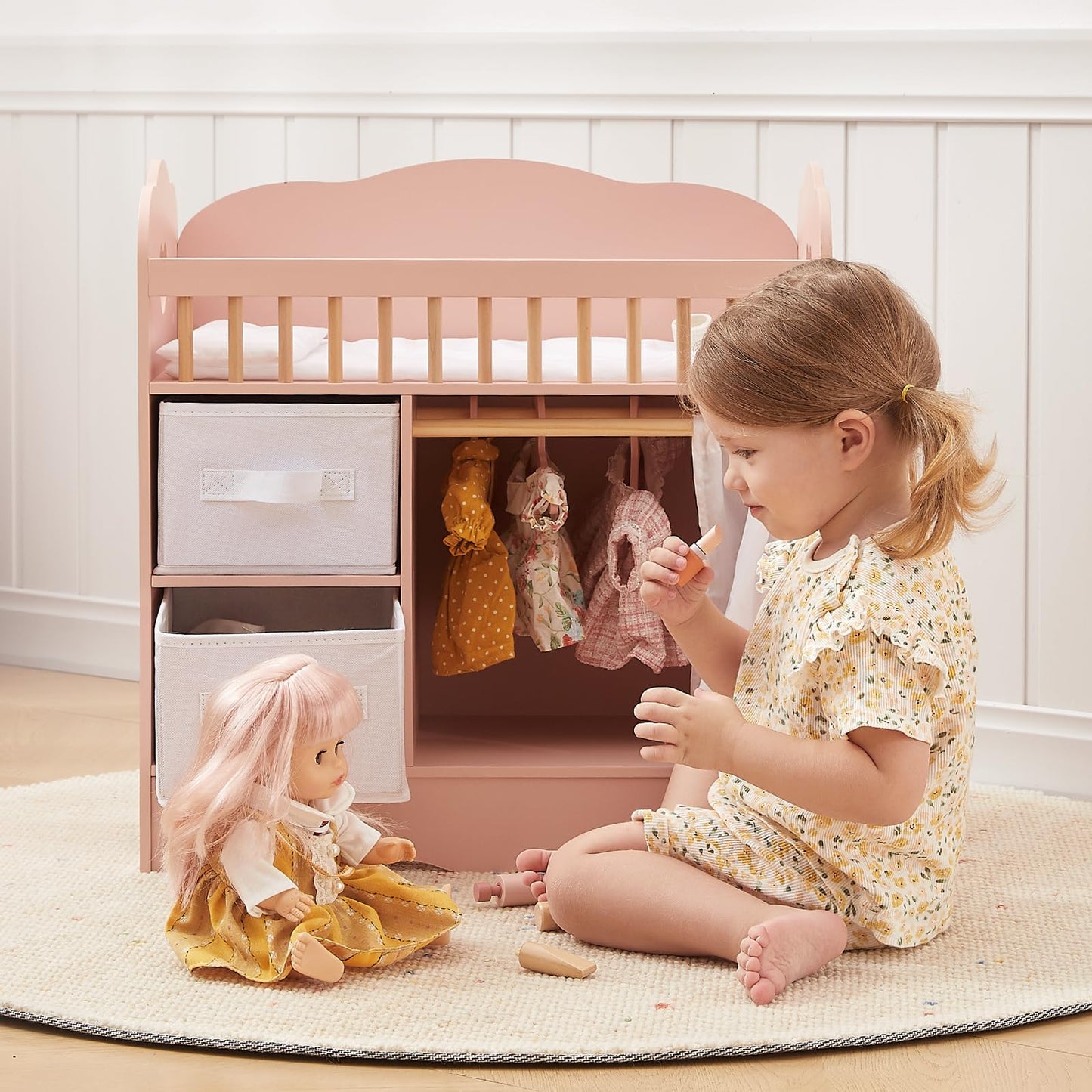 OOOK Baby Doll Crib, Wooden Baby Doll Bed and Changing Table, Dollhouse Furniture with Two Storage Box, Bedding and Coat Hangers, Nursery Playset Suitable for Dolls Under 22 Inches, Pink