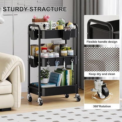 3 Tier Rolling Cart Metal with Wheels, Black Three Tiered Art Cart Organizer on Wheels, Storage Utility Trolley Carts for Kithcen, Craft, Nail, Lash, Makeup, Salon,Bedside, Bathroom, Office, Snack