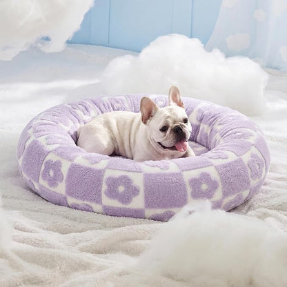 LE SURE Shown on TV Donut Dog Bed Medium - Round Cat Beds Indoor as Bed Gift for Calming with Washable Cover, Cute Home Decor Bed with Jacquard Shaggy Plush & Anti Slip Bottom, 30 Inch, Flower Checks