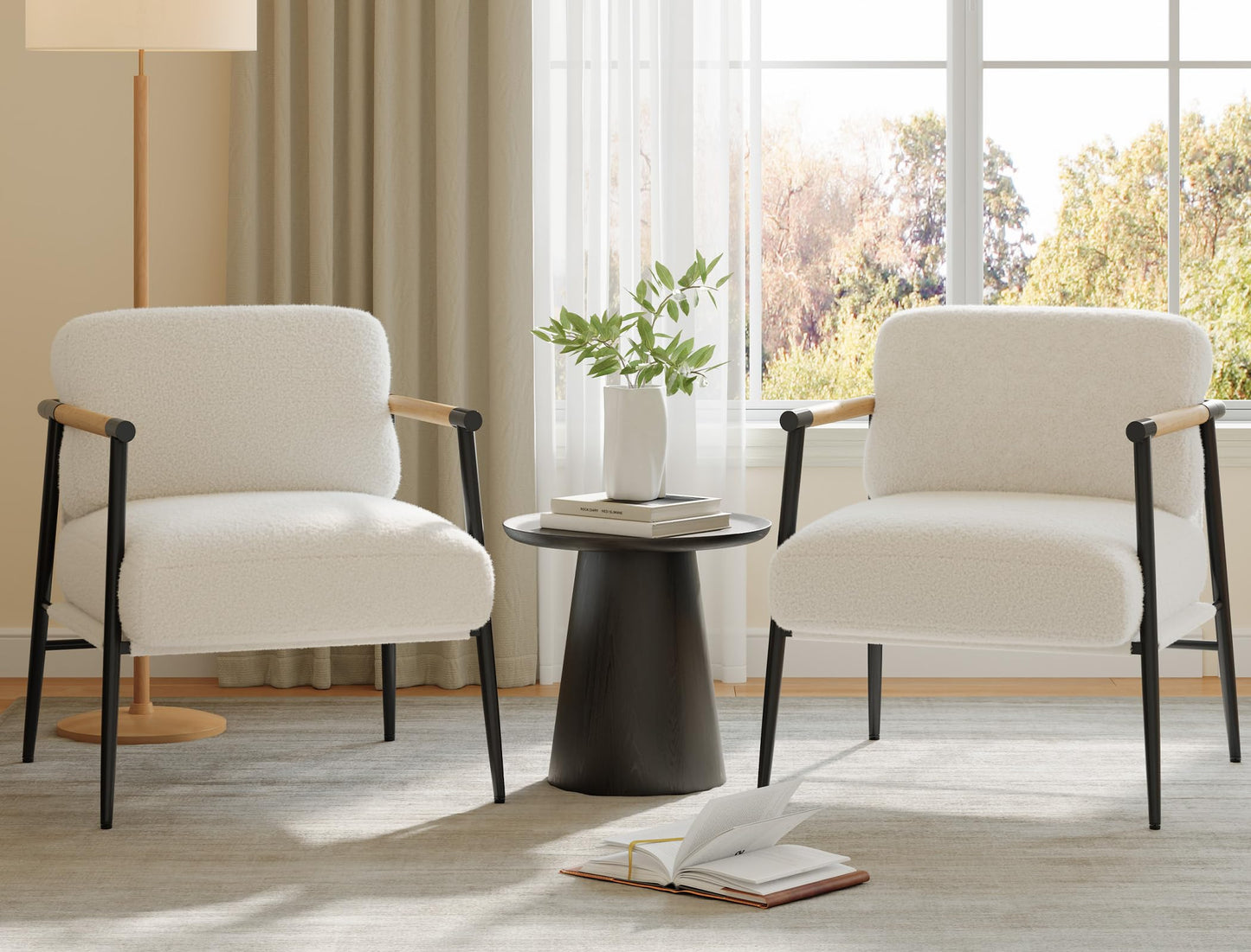 Garvee Modern Accent Chair, Comfy Chair with Metal Frame Wooden Armrest, Cozy Reading Chair with Soft Cushion for Bedroom, Living Room, White Set of 2
