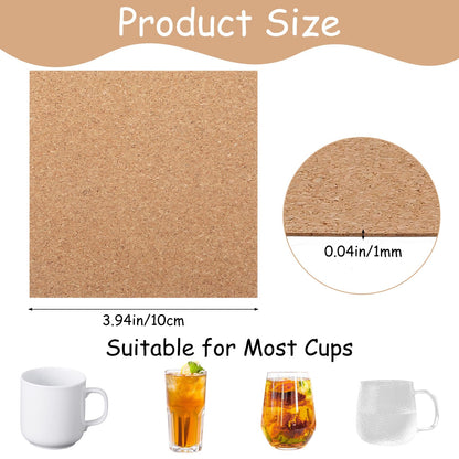 Kifmurase 200PCS Self-Adhesive Cork Sheets, 4 x 4 Inch Brown Squares Cork Coasters for DIY Crafts Laser Engraving Home Wall Decoration, Non-Slip Bulk Tabletop Drinks Coasters