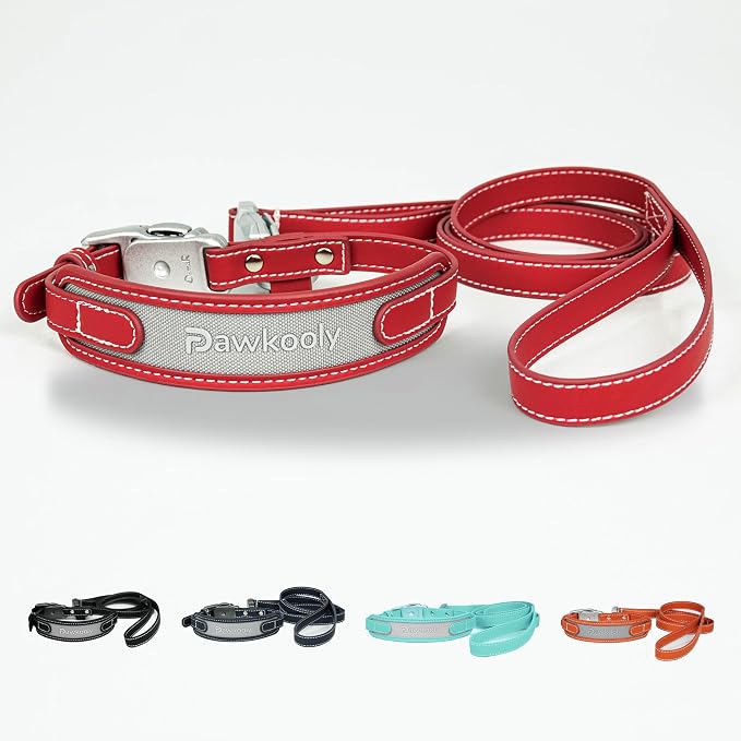 MagEase Dog Collar with 4FT Leash | Adjustable | Anti-Wrinkle, Bite & Stain-Resistant Leather | Soft & Skin-Friendly | 450LB Escape-Proof Magnetic Buckle (Red, Small)