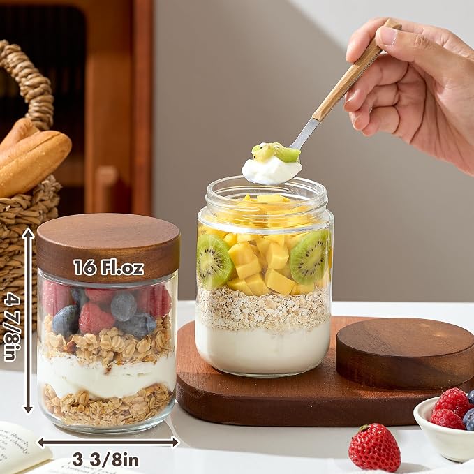 Danmu 16 oz Overnight Oats Containers with Lids,Salad Jar,Glass Jar with Wooden Lid 6 Pack,Mason Jars 16 oz with Lids for Snack,Overnight Oats,Meal Prep,Yogurt,Parfait,Soup,Salad 100% Leak-proof