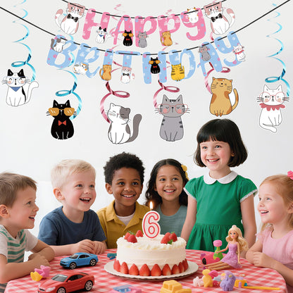 Cat Theme Birthday Party Supplies,15 PCS Happy Birthday Banner-NO DIY,6 Hanging Cutouts,6 Hanging Swirl Decor,1 Cake Topper,12 Cupcake Toppers,3 Birthday Honeycomb Party Decoration